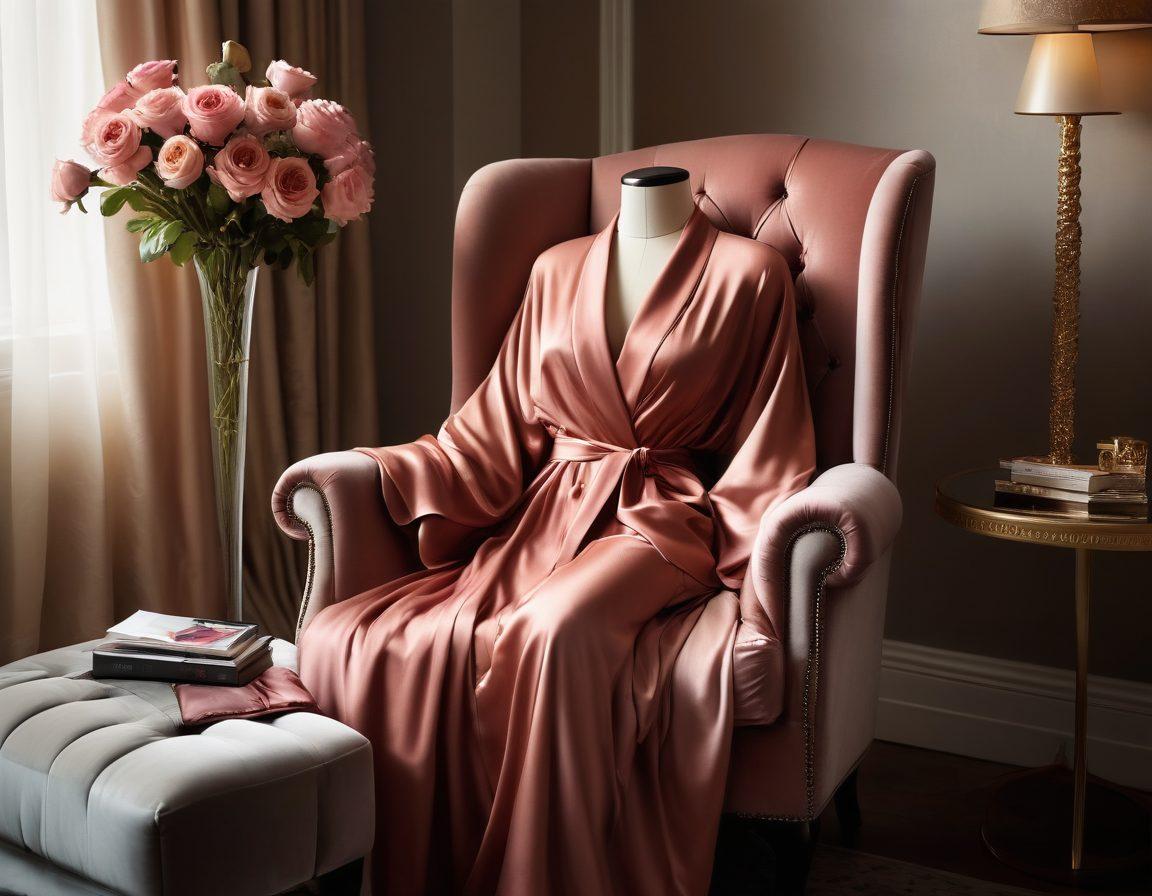 A luxurious bedroom scene featuring an elegantly draped silk robe and a selection of premium lingerie displayed on a plush velvet chair. Soft, ambient lighting creates a warm, inviting atmosphere, while a chic fashion magazine lies open nearby with vibrant fashion trends. Include delicate flowers in the background to enhance sophistication. super-realistic. soft focus. vibrant colors.