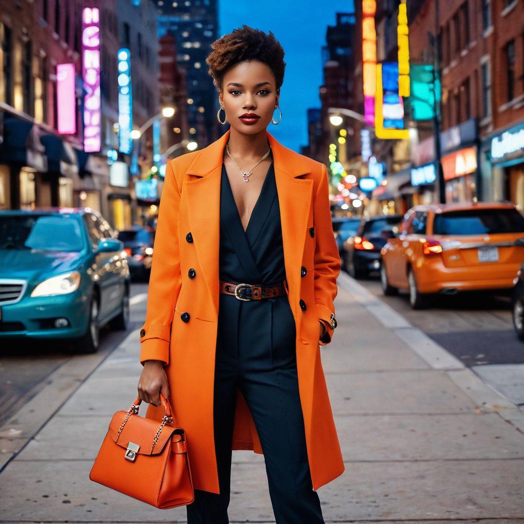 A stylish woman confidently showcasing her chic outfit in an urban setting, surrounded by fashion elements like accessories, trendy bags, and vibrant street art. She embodies modern femininity with a mix of bold colors and classic pieces, reflecting current fashion trends. Bright city lights enhance the scene, emphasizing her elegance and poise. super-realistic. vibrant colors. urban backdrop.